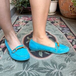 Vintage Born Turquoise Leather Loafers with Bamboo Accent